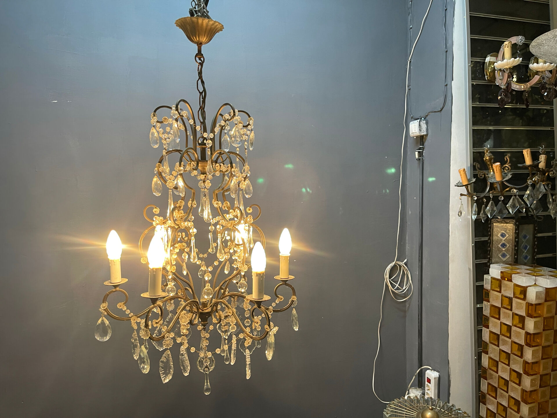 Wrought Iron Murano Glass Chandelier 1950’s 
