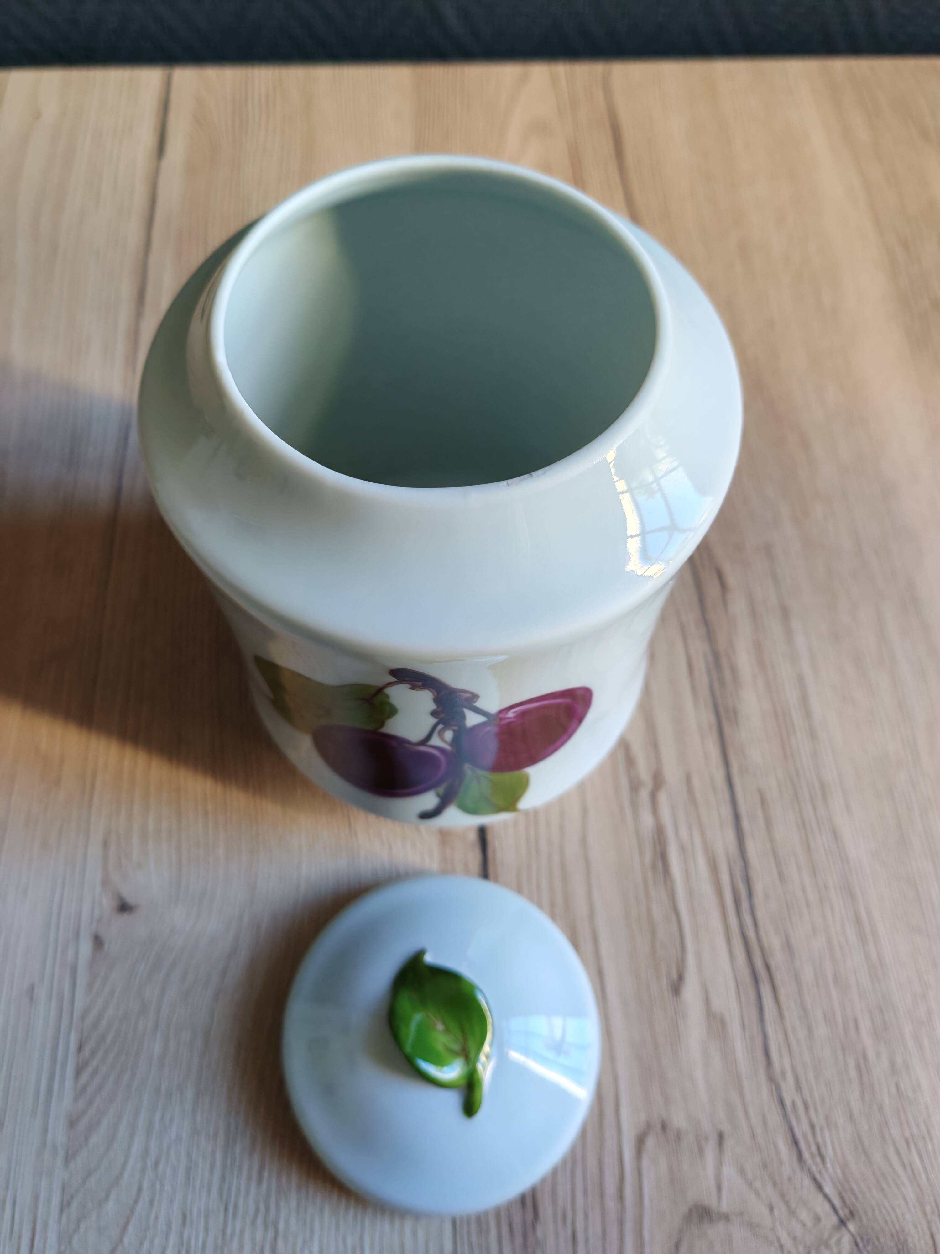 Porcelain jam pot with hand-painted plum design, signed sweet jar.