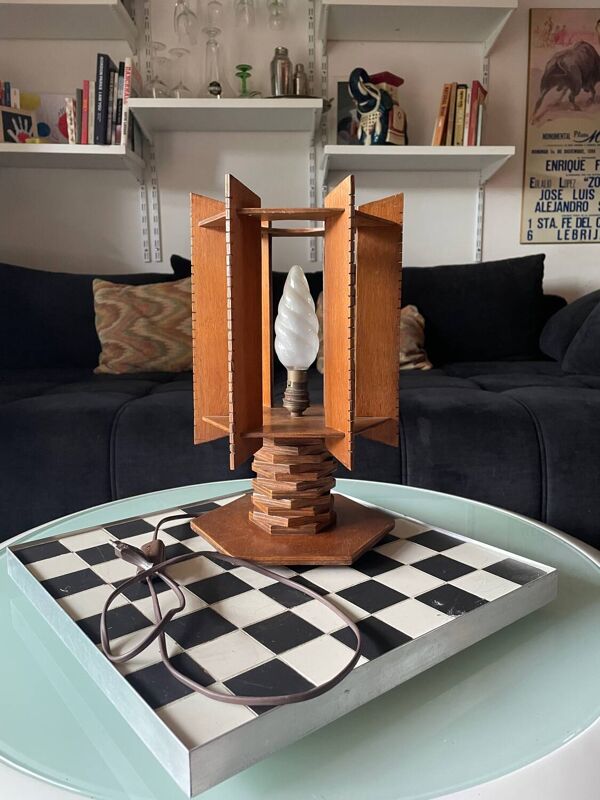 Lampe moderniste en bois - création d'ébénisterie artisanale années 70