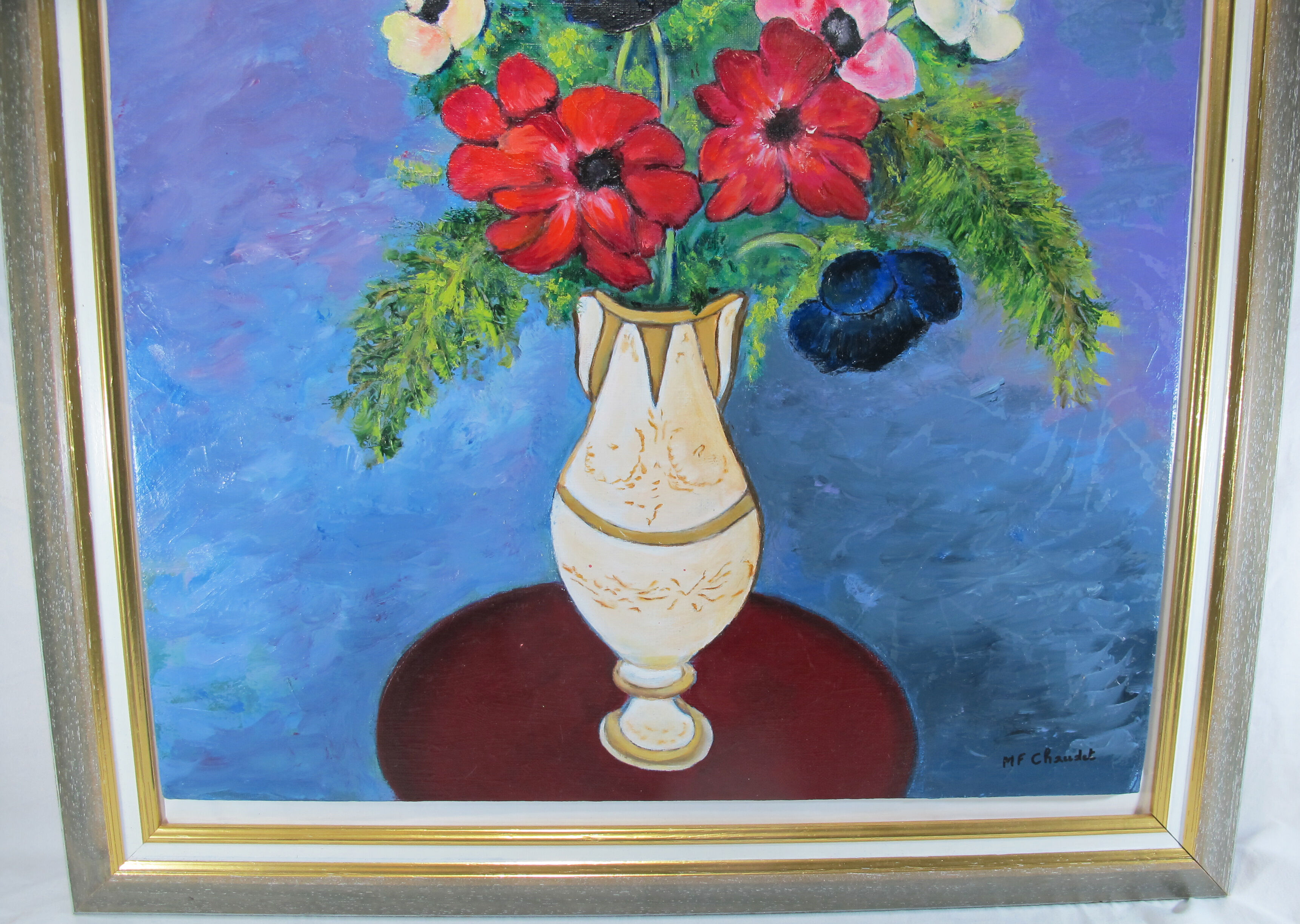 Oil painting on wood panel still life vase bouquet of flowers signed
