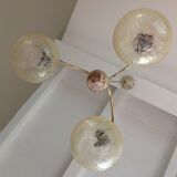 Three-globe brass chandelier in amber/vintage glass 60s-70s