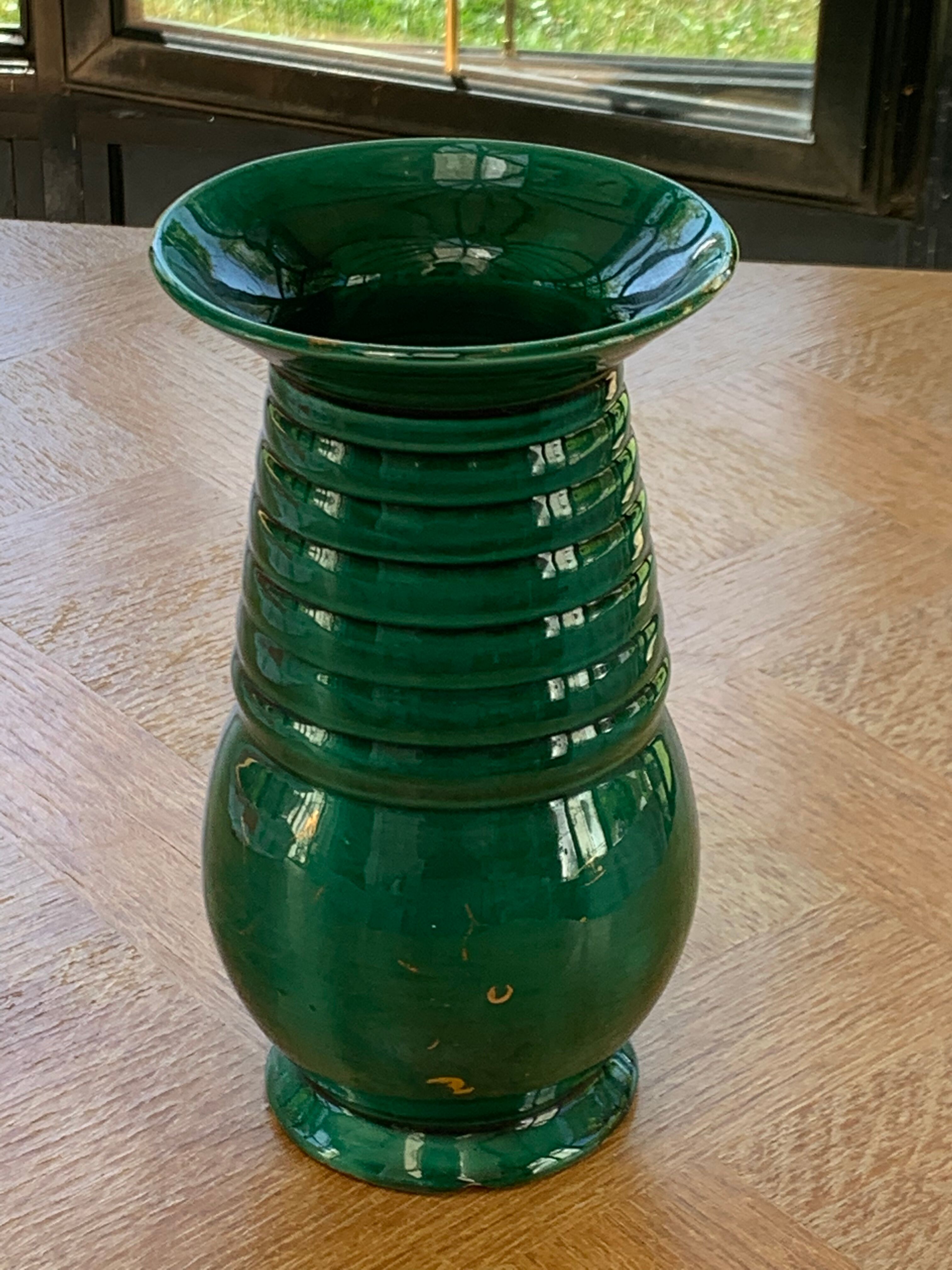 Ceramic vase enamelled green slurry style vallauris vintage 1950