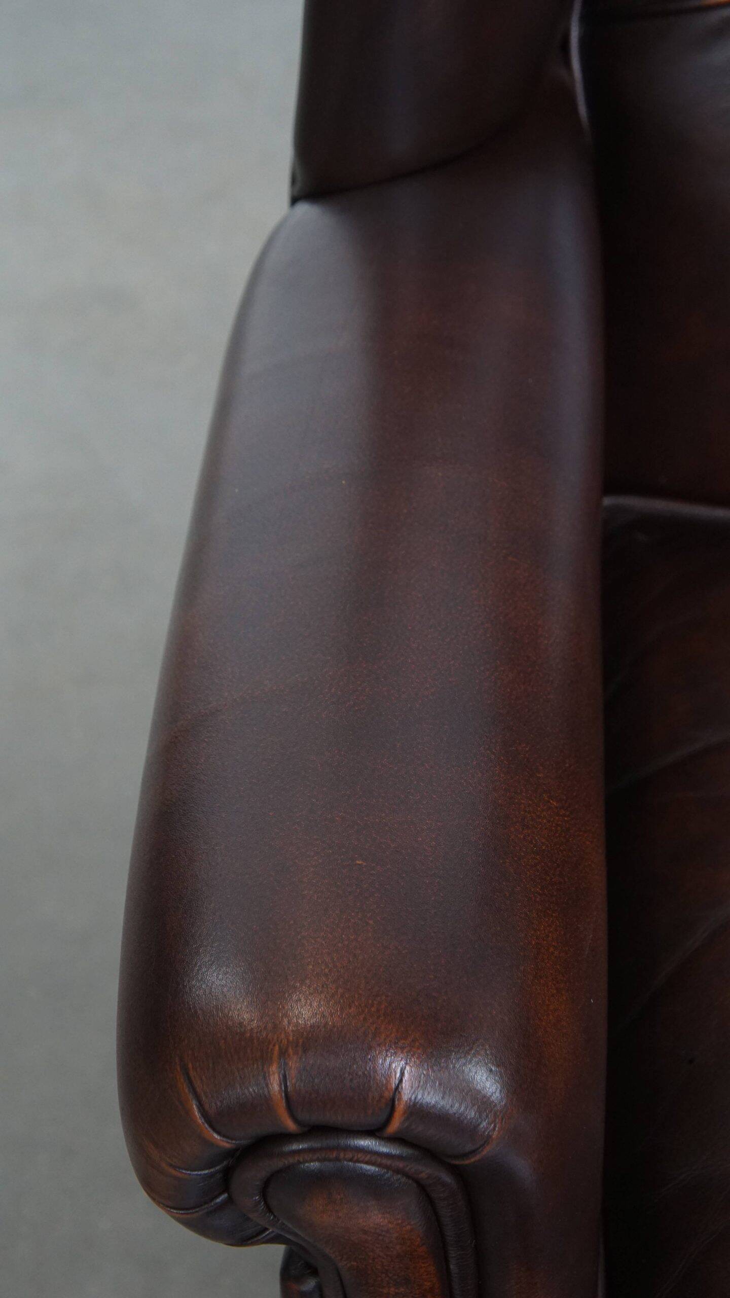 Comfortable wingback chair in English style made of cowhide leather