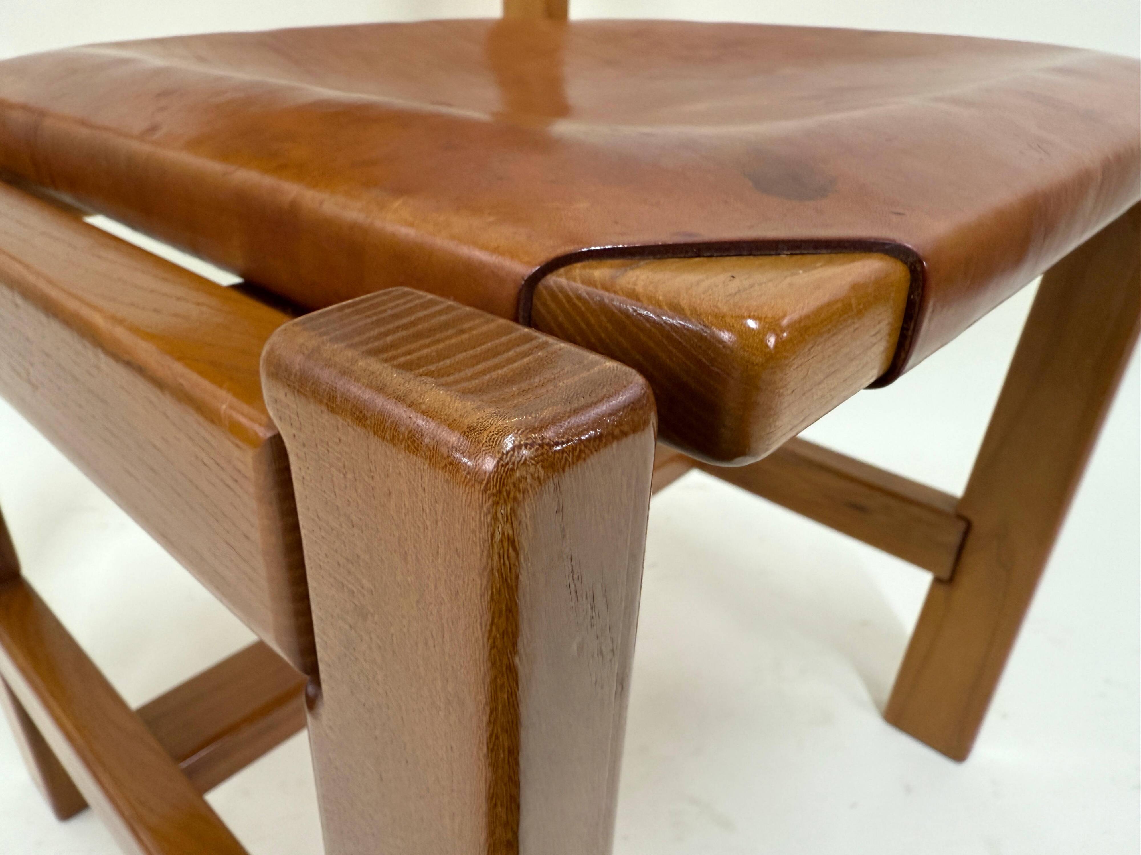 Set of 6 Maison Regain Chairs - Solid Elm and Fawn Leather - Circa 70