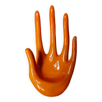 Main baguier en céramique orange années 70