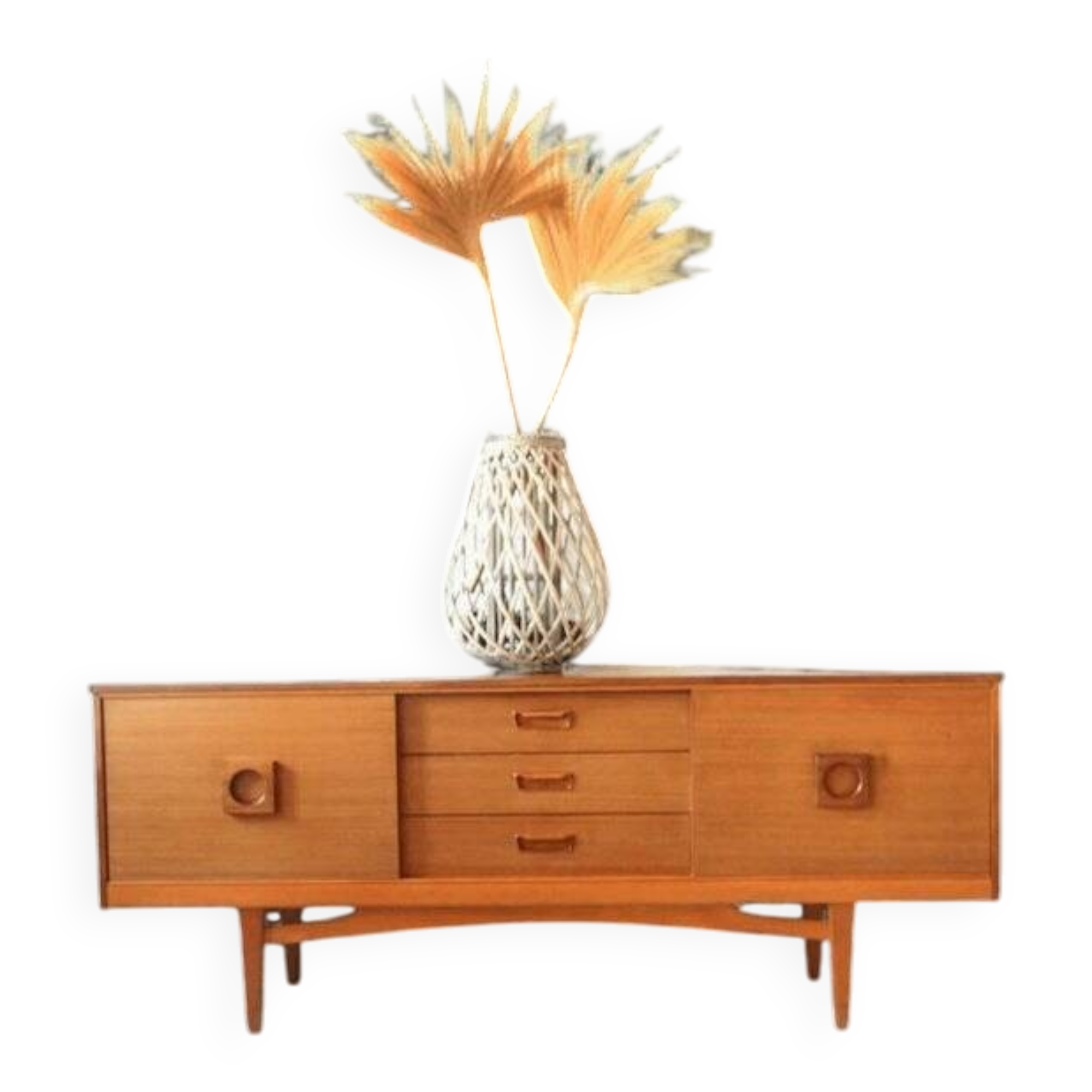 Mid-century teak enfilade, low Scandinavian sideboard from the 1960s with drawers and sliding doors.