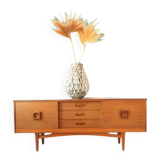 Mid-century teak enfilade, low Scandinavian sideboard from the 1960s with drawers and sliding doors.