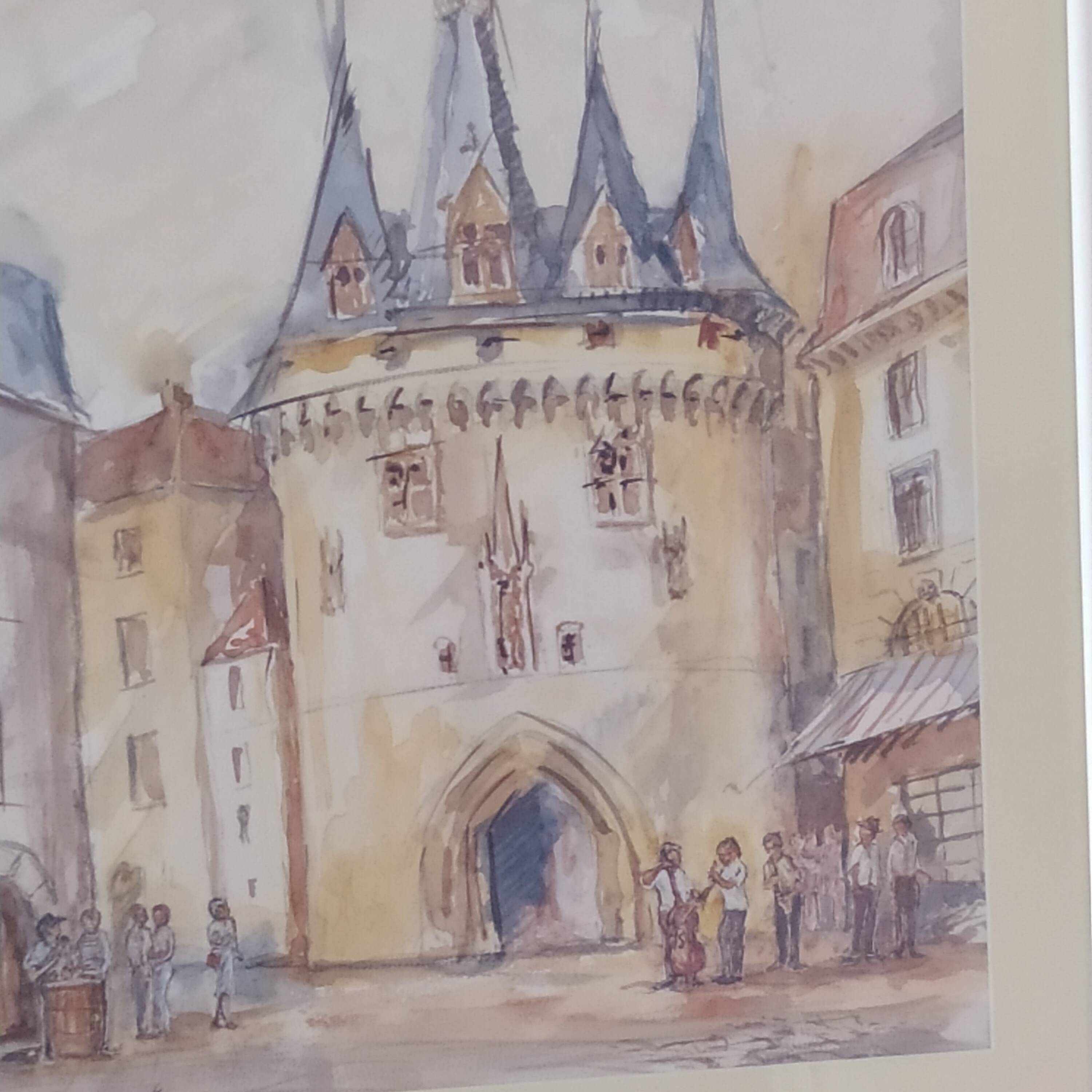 Watercolor "Music Festival at Porte Cailhau" Bordeaux signed Fouquet