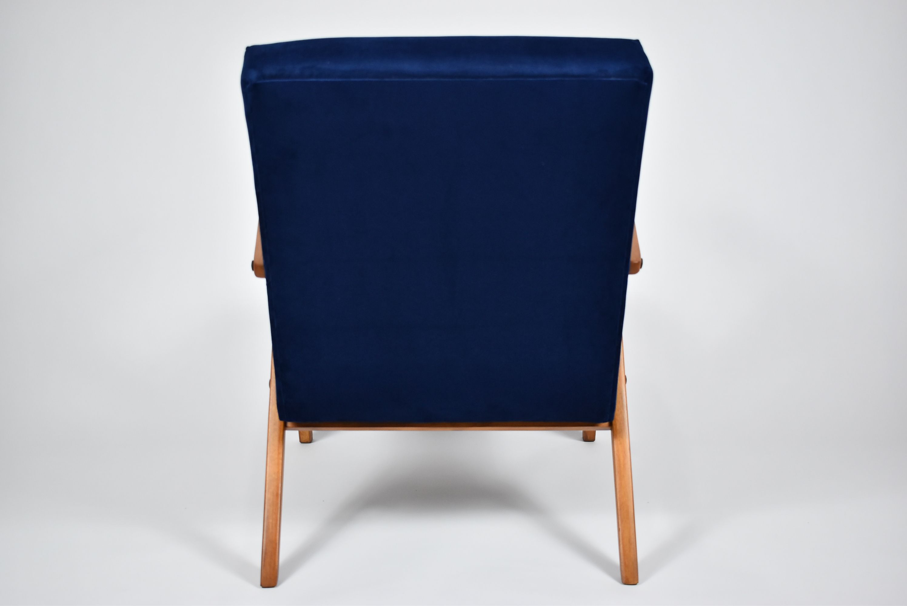 Vintage original 60s armchair, refubrished, blue velvet, poule fabric