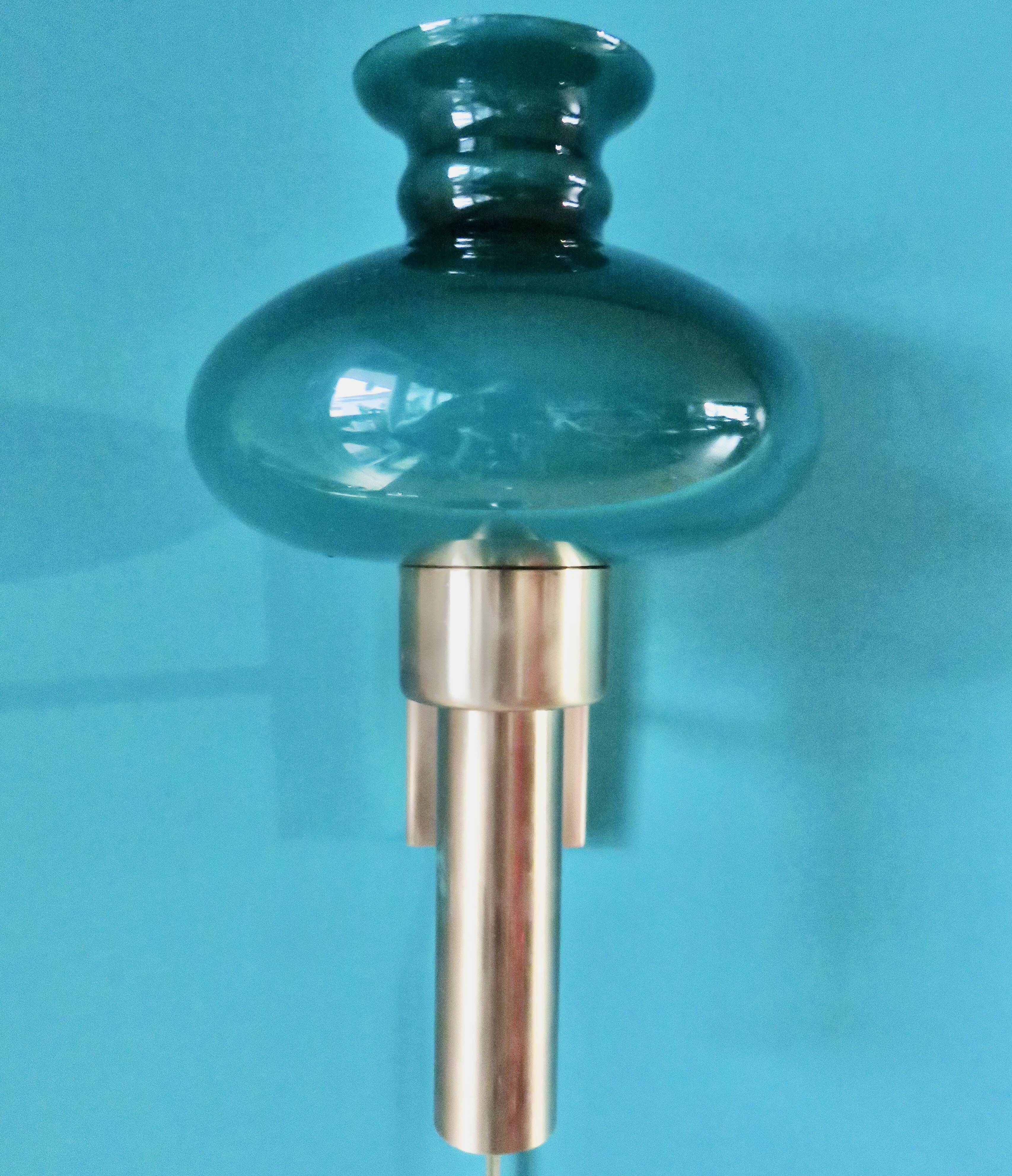 Brushed brass wall light with green glass shade "Vitrika". Denmark 1980