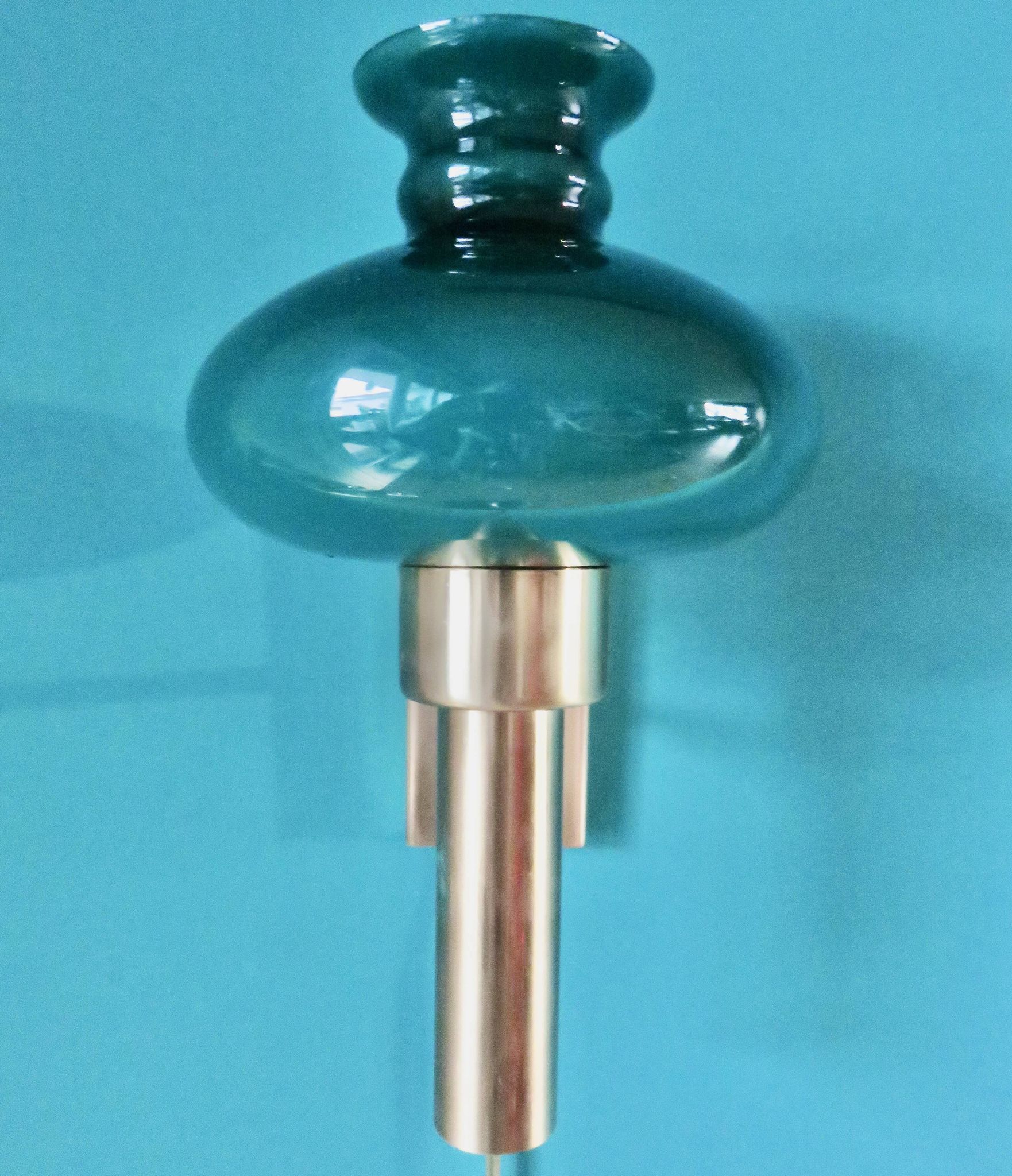 Brushed brass wall light with green glass shade "Vitrika". Denmark 1980