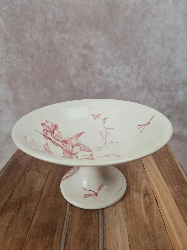Large footed compote Gien model Iris with red floral decoration.