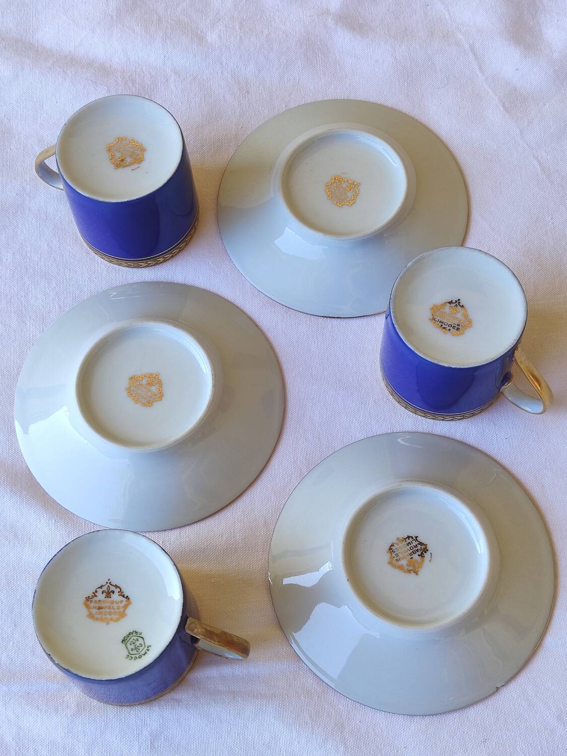3 royal blue and gold cups and saucers - Royal Limoges porcelain