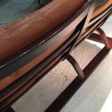 Wooden and ochre leather sofa