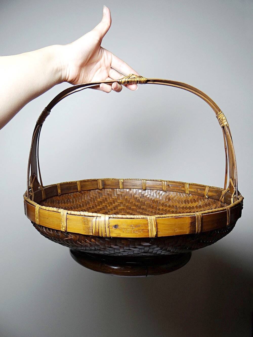 Large Vintage Asian Bamboo Offering Basket 1920–1950