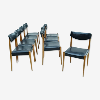 Ensemble 8 chaises french vintage skai et hêtre 1960