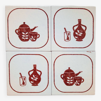4 Carreaux de céramique vintage des années 60 avec motifs de cuisine