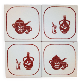 4 Carreaux de céramique vintage des années 60 avec motifs de cuisine