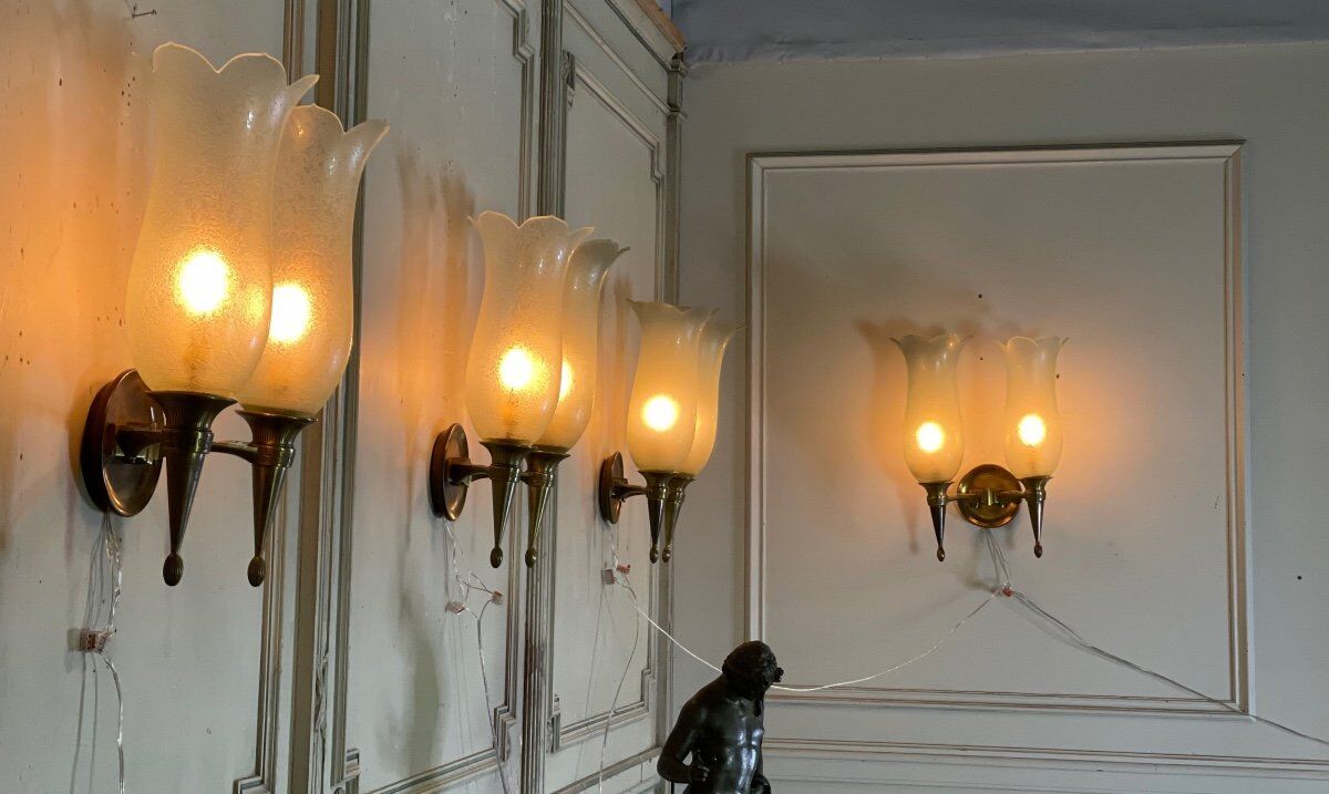 Suite of 4 wall lamps in bronze and murano glass, pier luigi colli and seguso, 1955