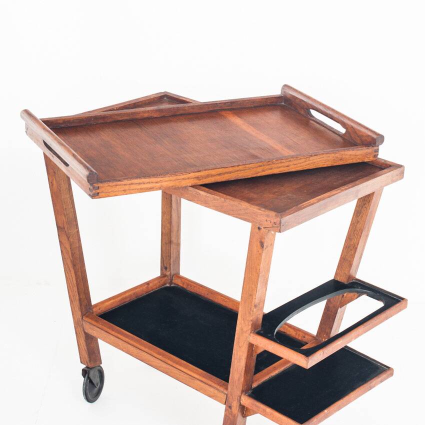 Vintage oak bar cart with removable tray. France 1950s.