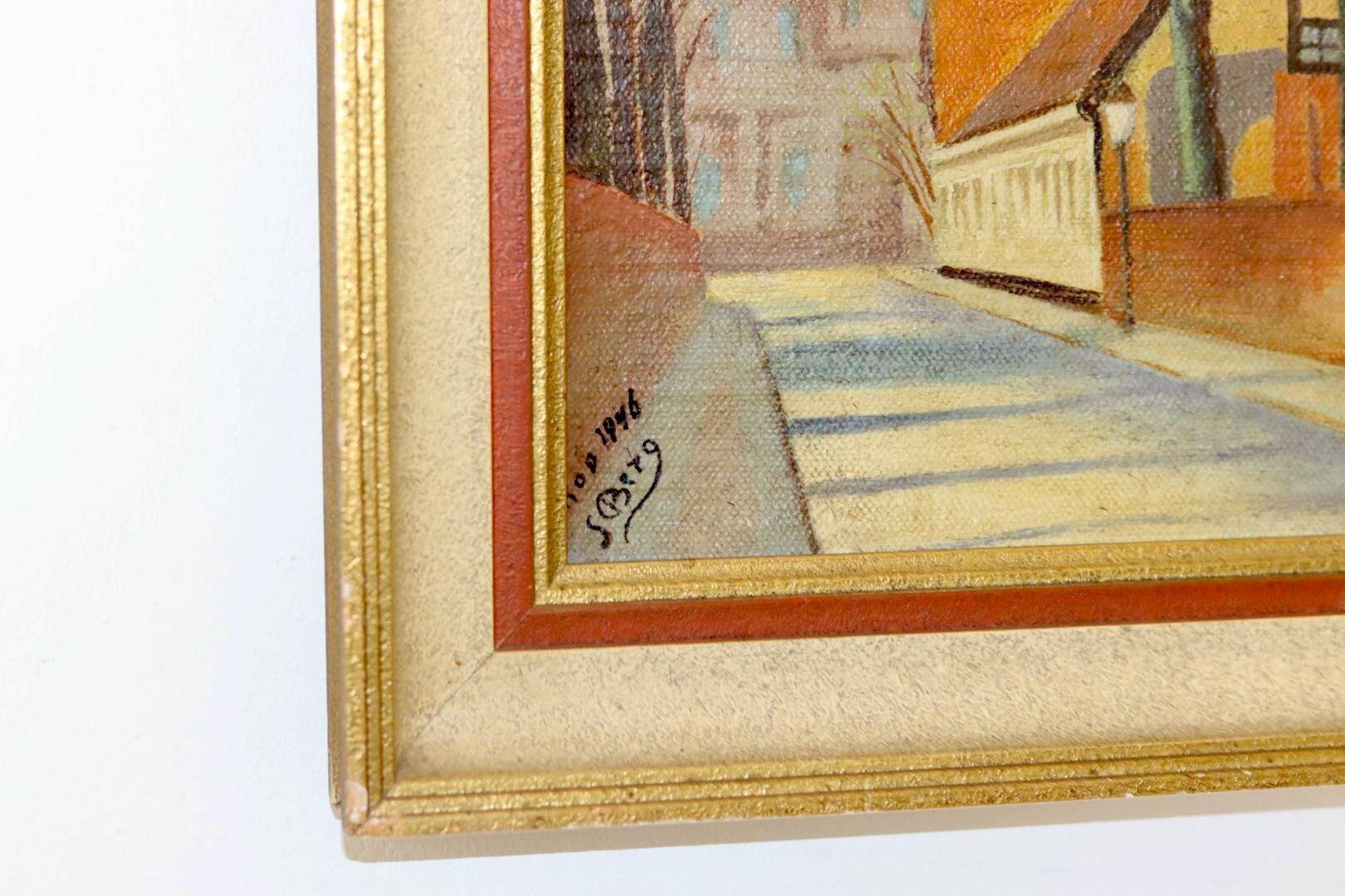 Oil painting on Swedish canvas from the mid-1940s "Street" by Sven Bertil Berg – Vintage and framed.