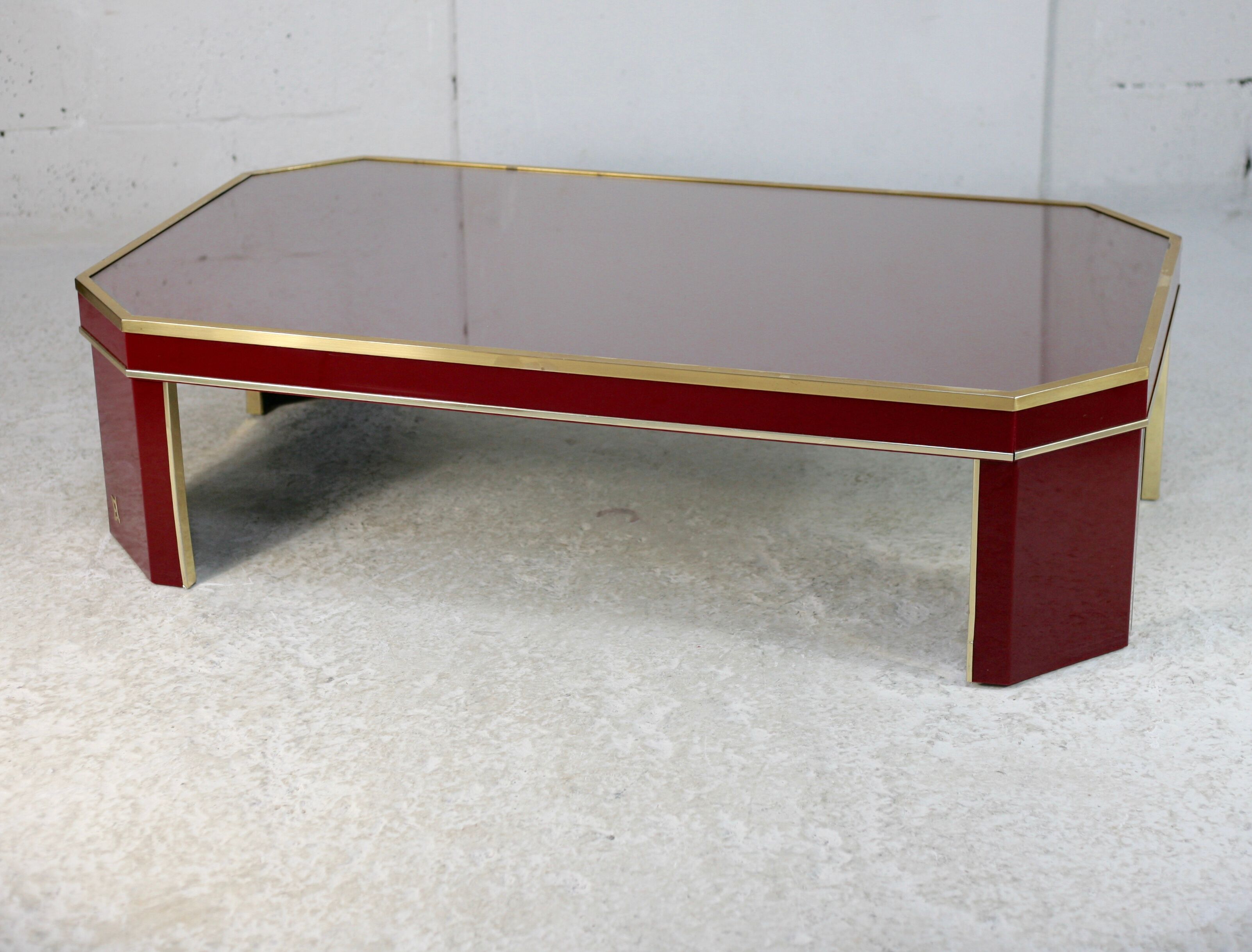 Coffee table Eric Maville glass brass plexiglass wood France, 70s. Small scratches. small