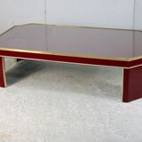 Coffee table Eric Maville glass brass plexiglass wood France, 70s. Small scratches. small