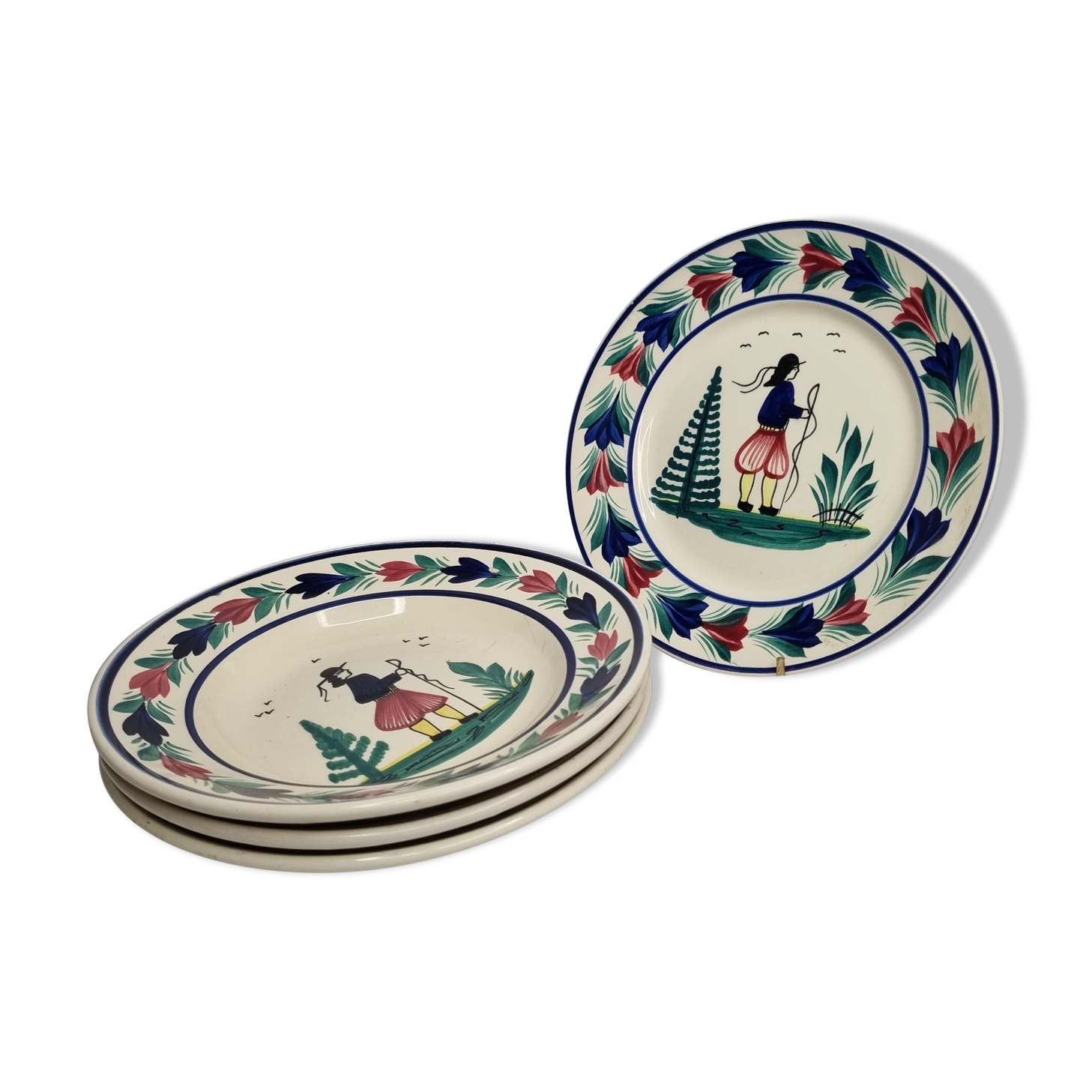 Set of 3 hollow plates and a henriot Quimper flat plate with traditional décor