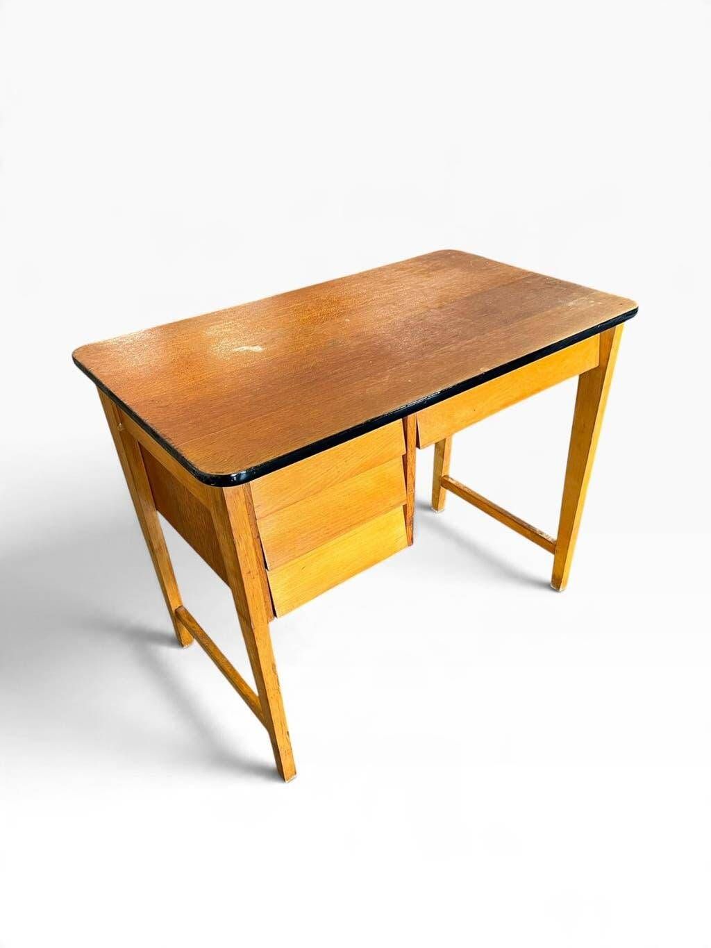 Vintage wooden desk with 3 drawers | 1960s retro style