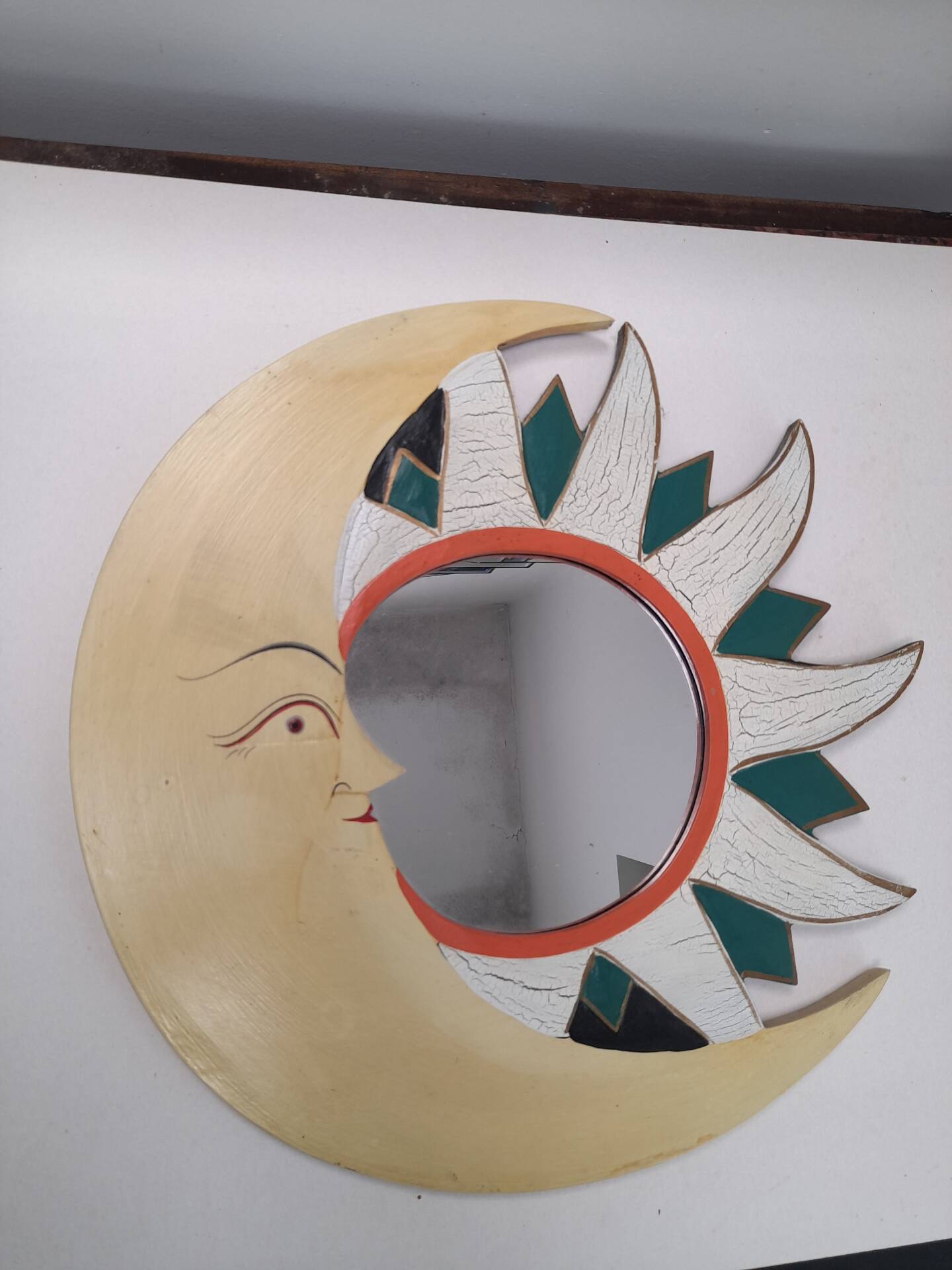 Vintage 90s wooden moon mirror
