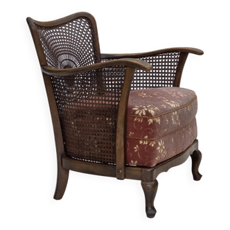1950s, Danish armchair, salmon pink furniture velour, furniture mesh.