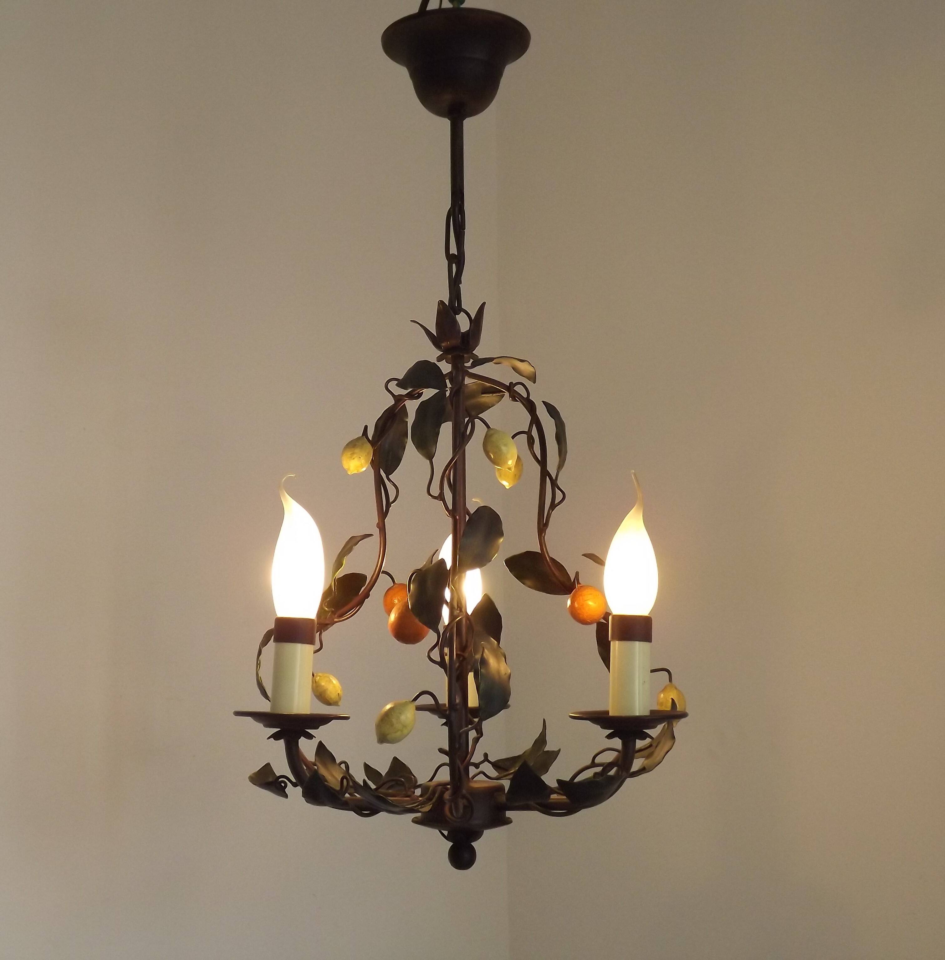 Lustre français à 3 lumières, brun clair, avec feuilles vertes, citrons et oranges 5473