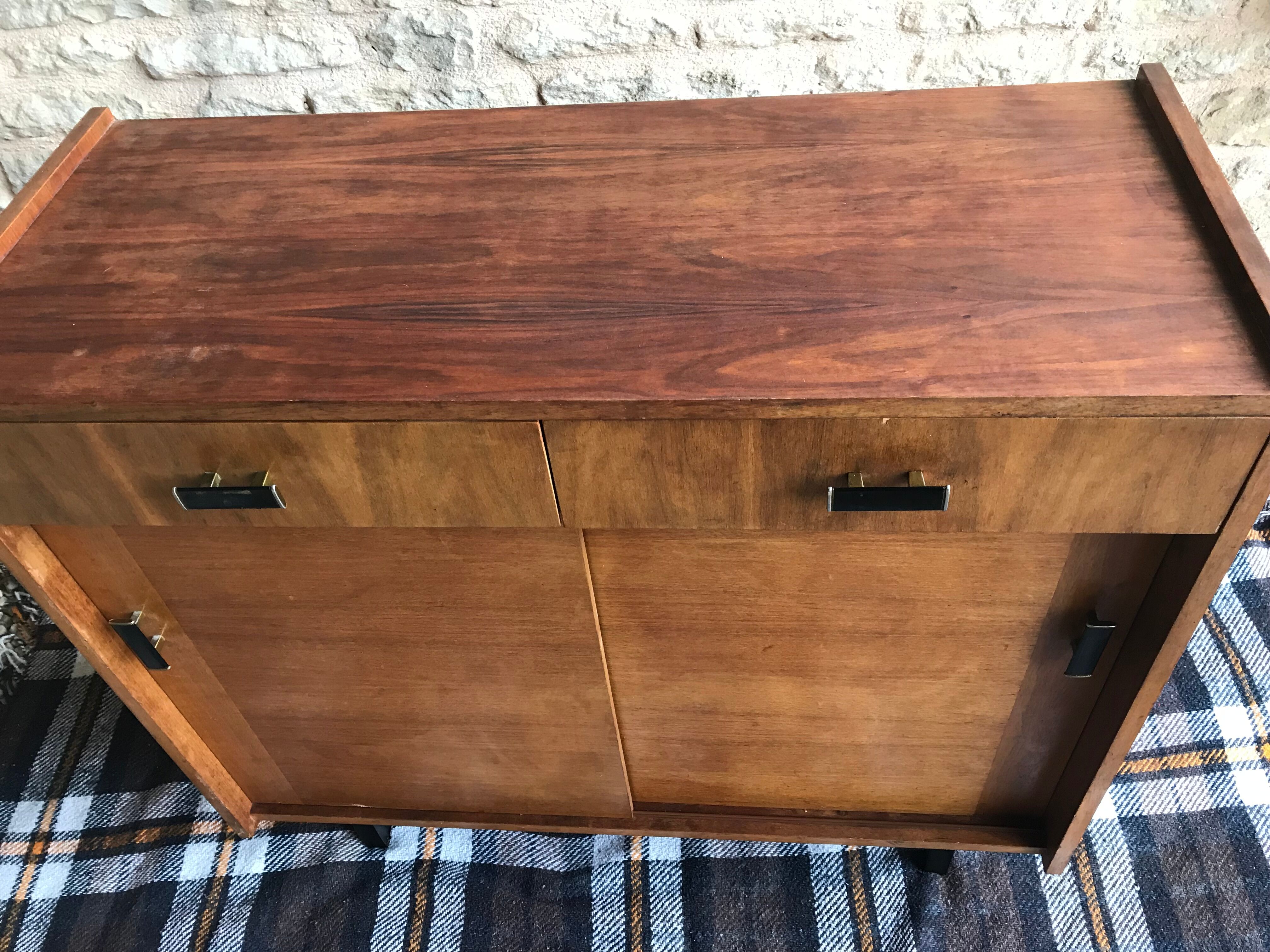 Vintage storage cabinet sideboard two sliding doors two drawers