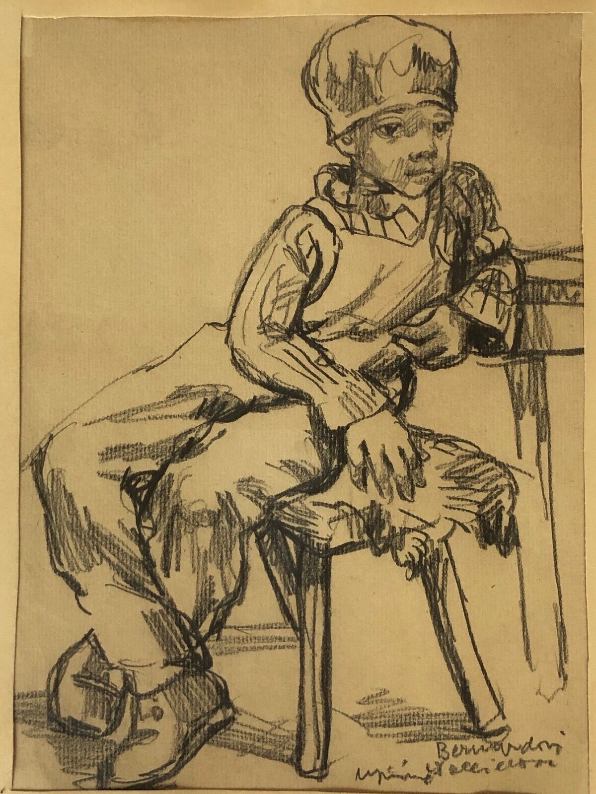 Charcoal on paper by Bernardin or Barnadouin Garçon à la gavroche