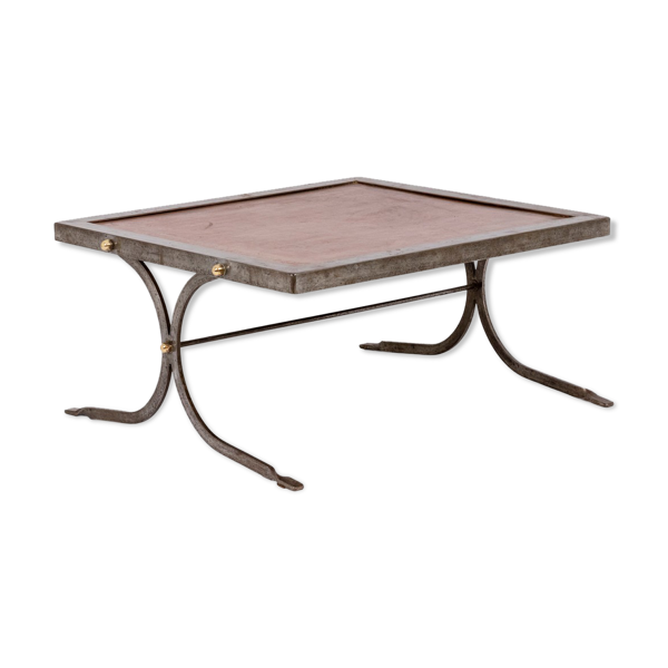 Table basse de style industriel en fer et cuir, années 1970