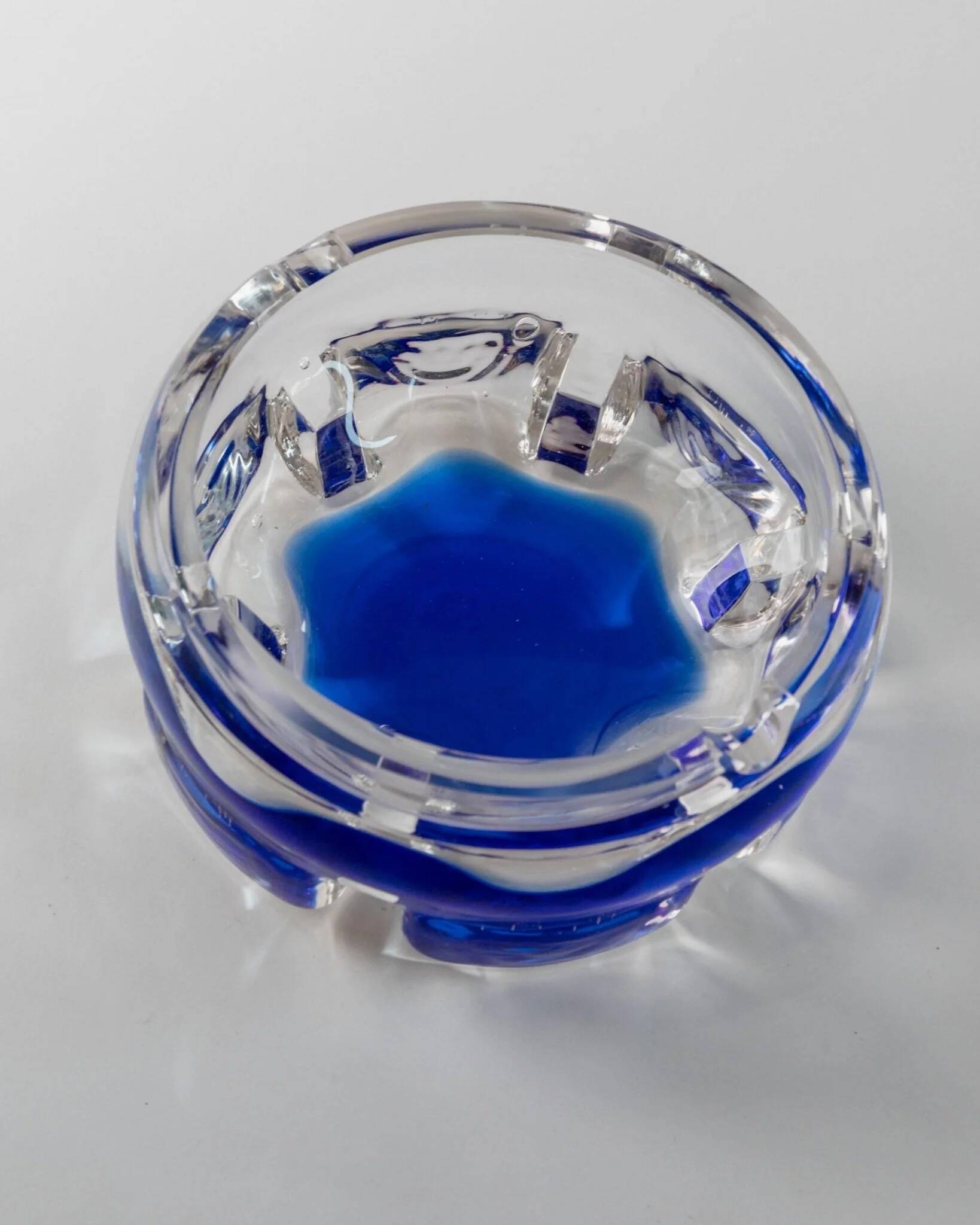 Vintage Murano Glass Ashtray: clear glass with cobalt-blue bubble, mid-century Italian design
