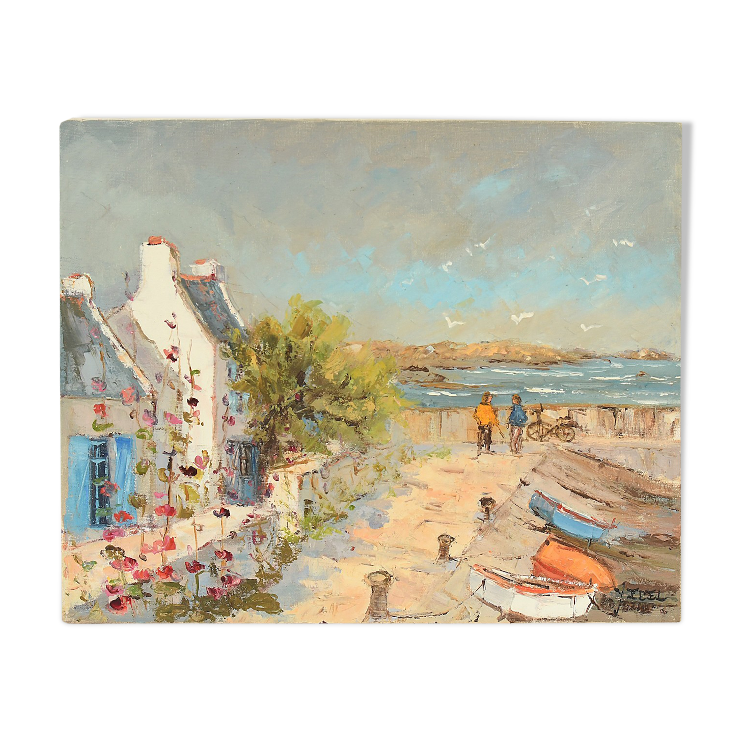 Yann Edel (XXth) Oil on canvas "Walker by the sea"