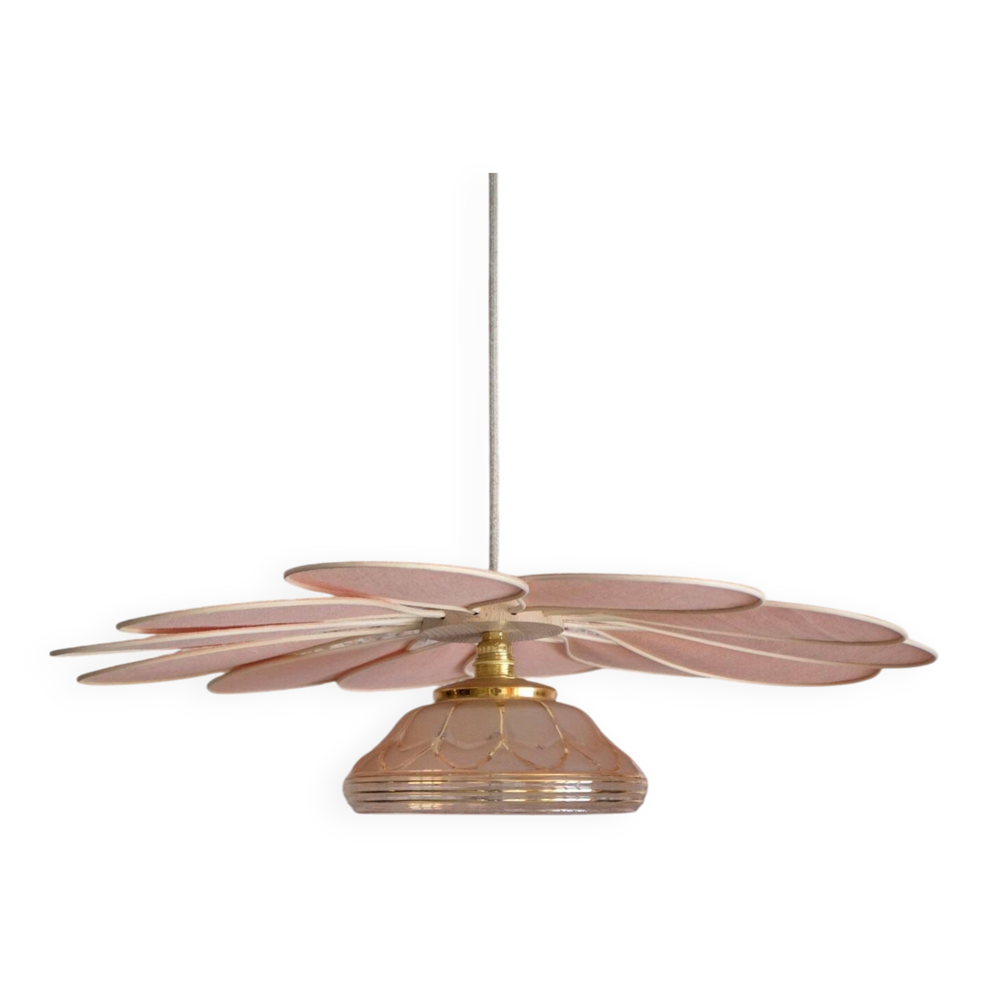 Pink Rattan and Linen Flower Pendant Light and Vintage Pink Translucent Globe