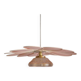 Pink Rattan and Linen Flower Pendant Light and Vintage Pink Translucent Globe