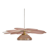 Suspension Fleur en Rotin et Lin Rose et globe vintage en translucide rose