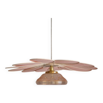 Suspension Fleur en Rotin et Lin Rose et globe vintage en translucide rose
