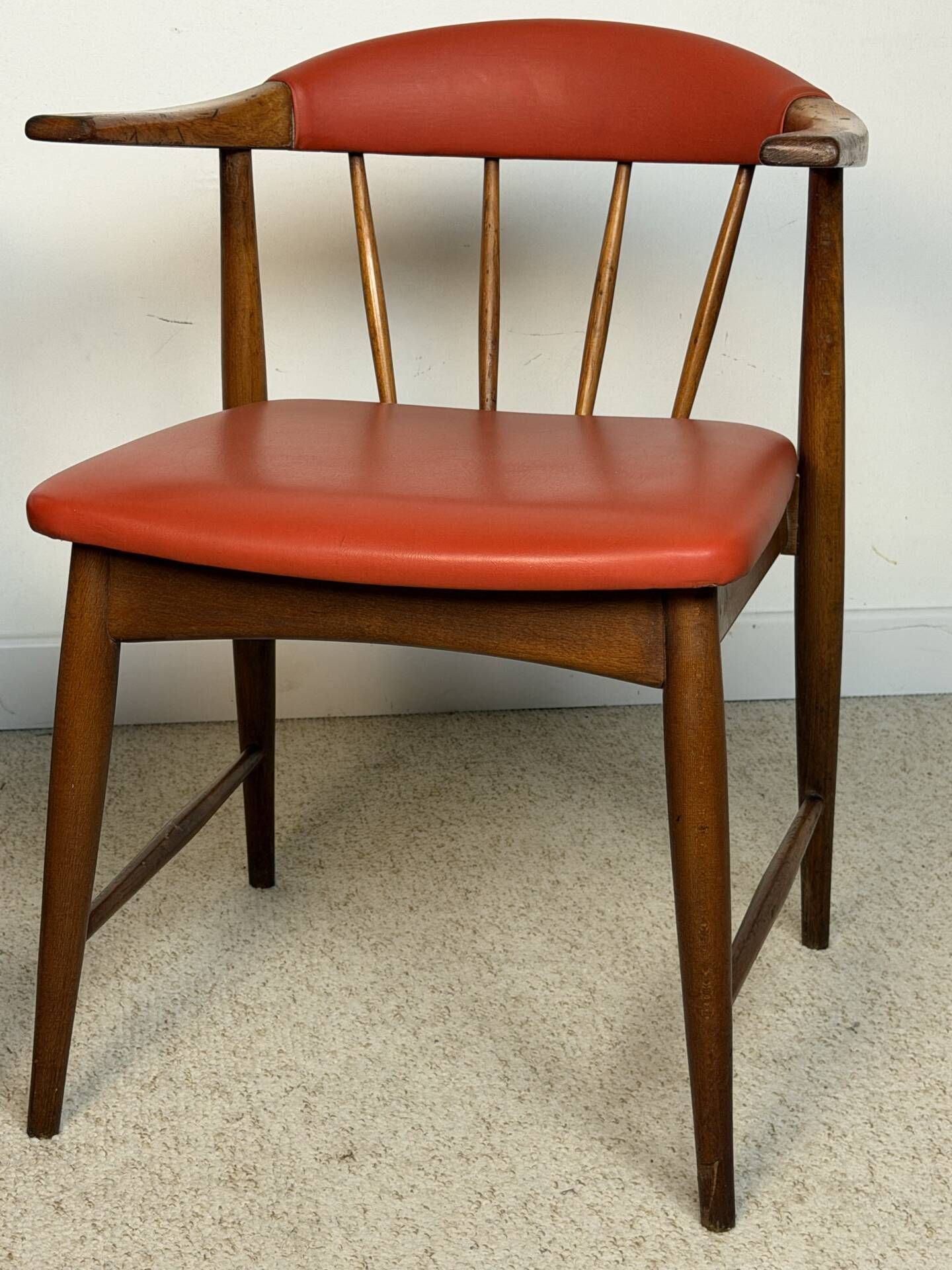 Pair of Scandinavian armchairs in teak and red faux leather – 1960s