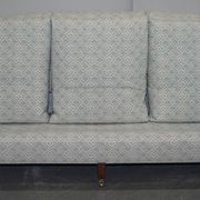 Howard & Sons canapé with feather cushions and ticking fabric, Victorian style.