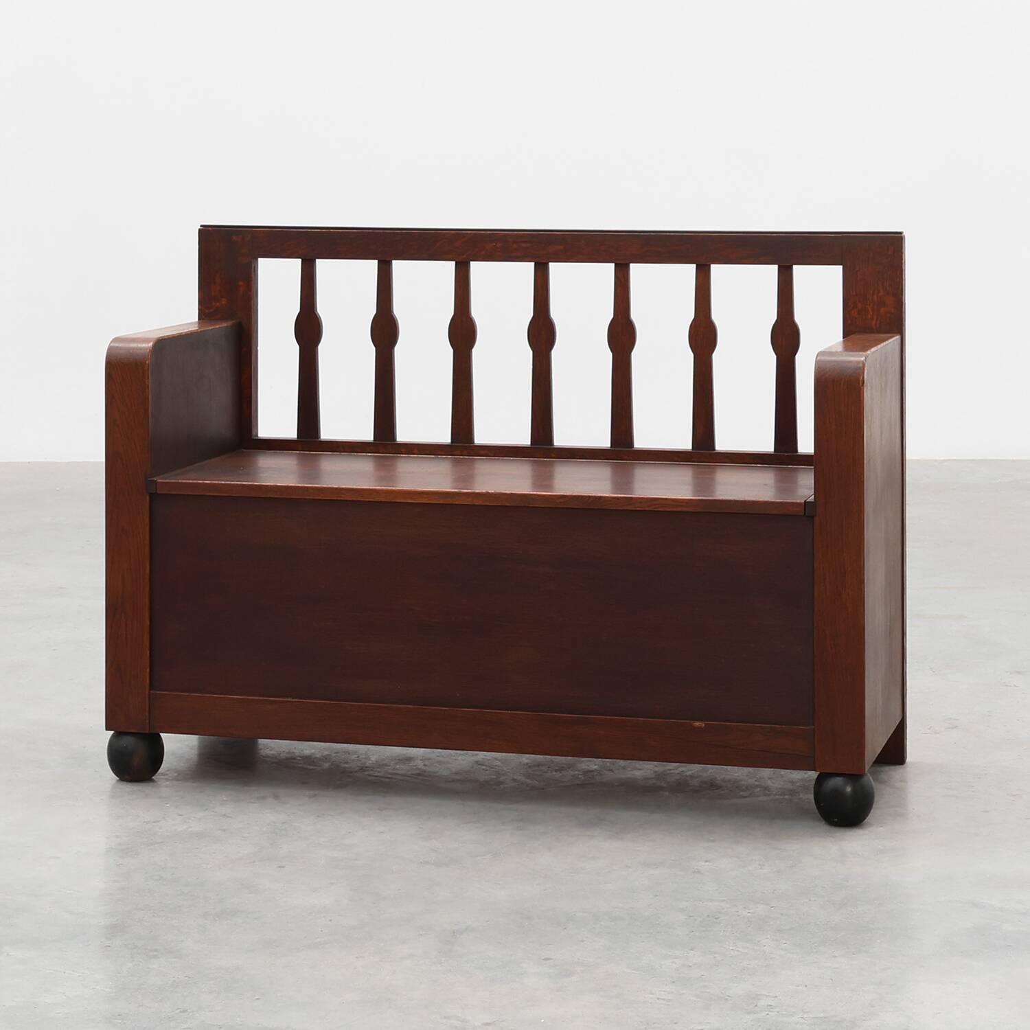 Modernist Art Deco bench with lift-top storage seat in solid oak, Belgium