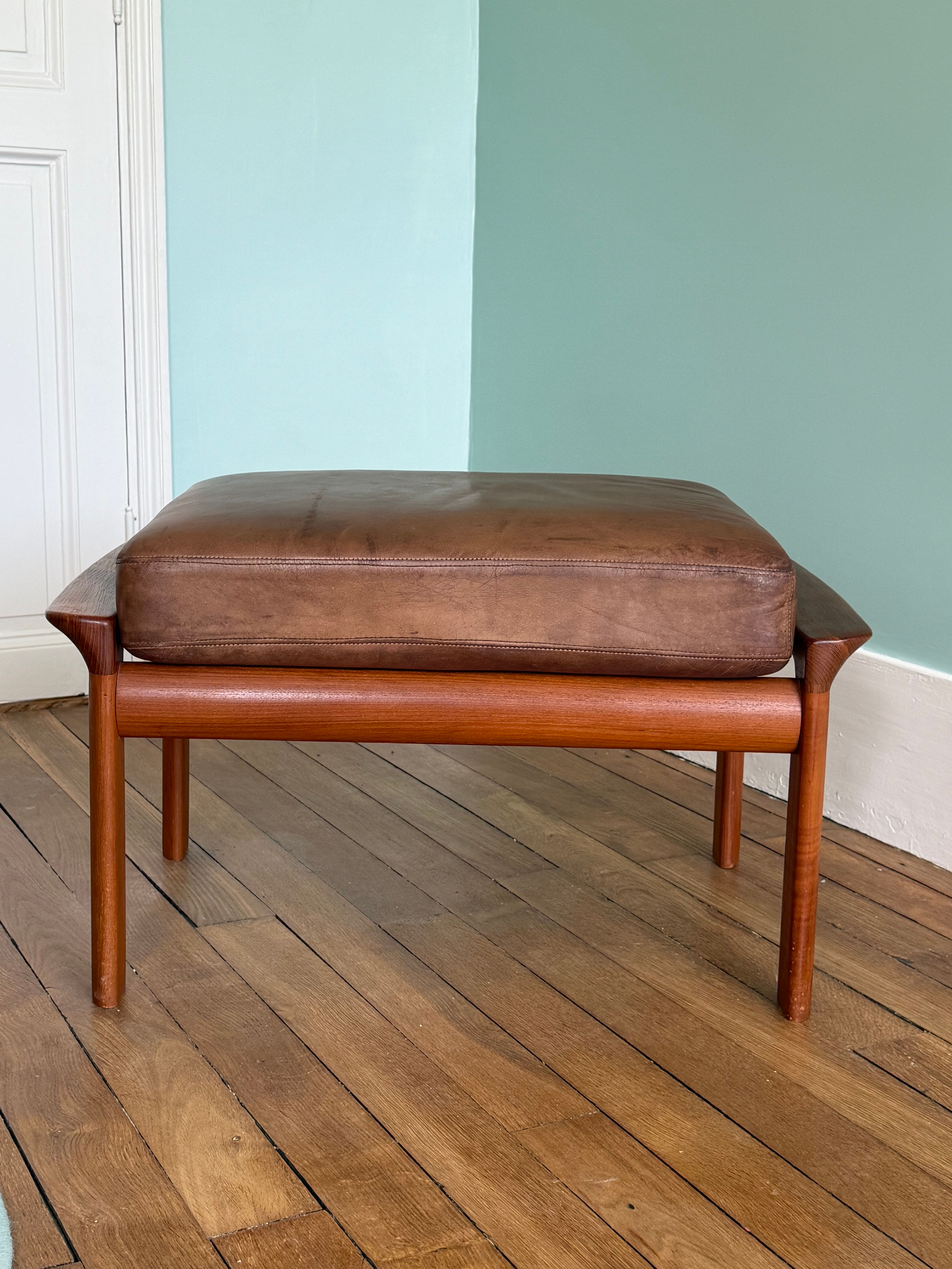 Ottoman tabouret teck et cuir scandinave vintage