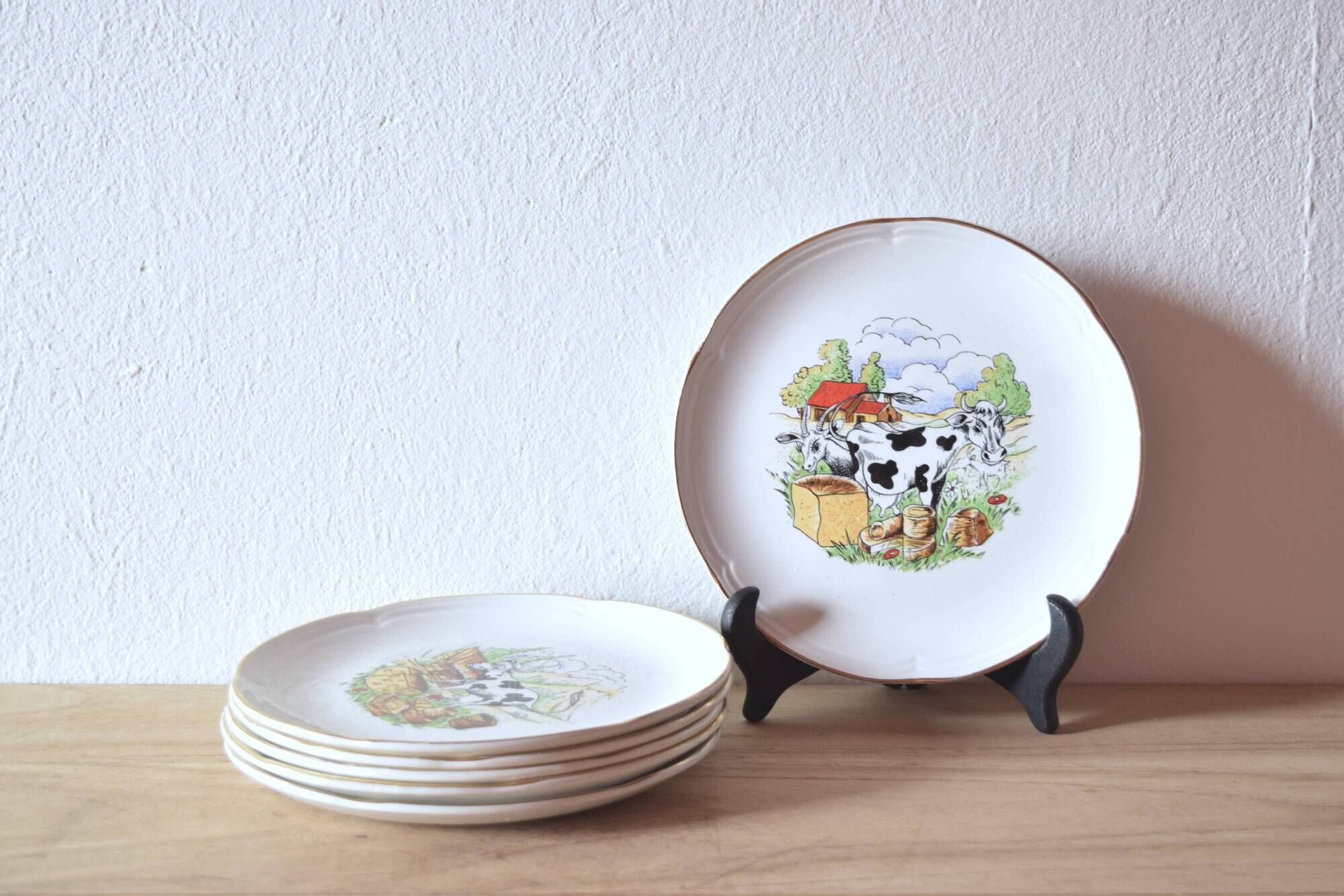 Moulin-des-Loups - Orchies - Set of 6 vintage glazed ceramic cheese plates