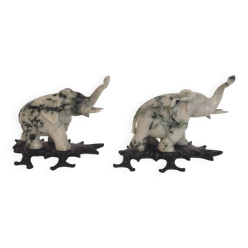 Pair of elephant paperweights, veined marble, 80s - France