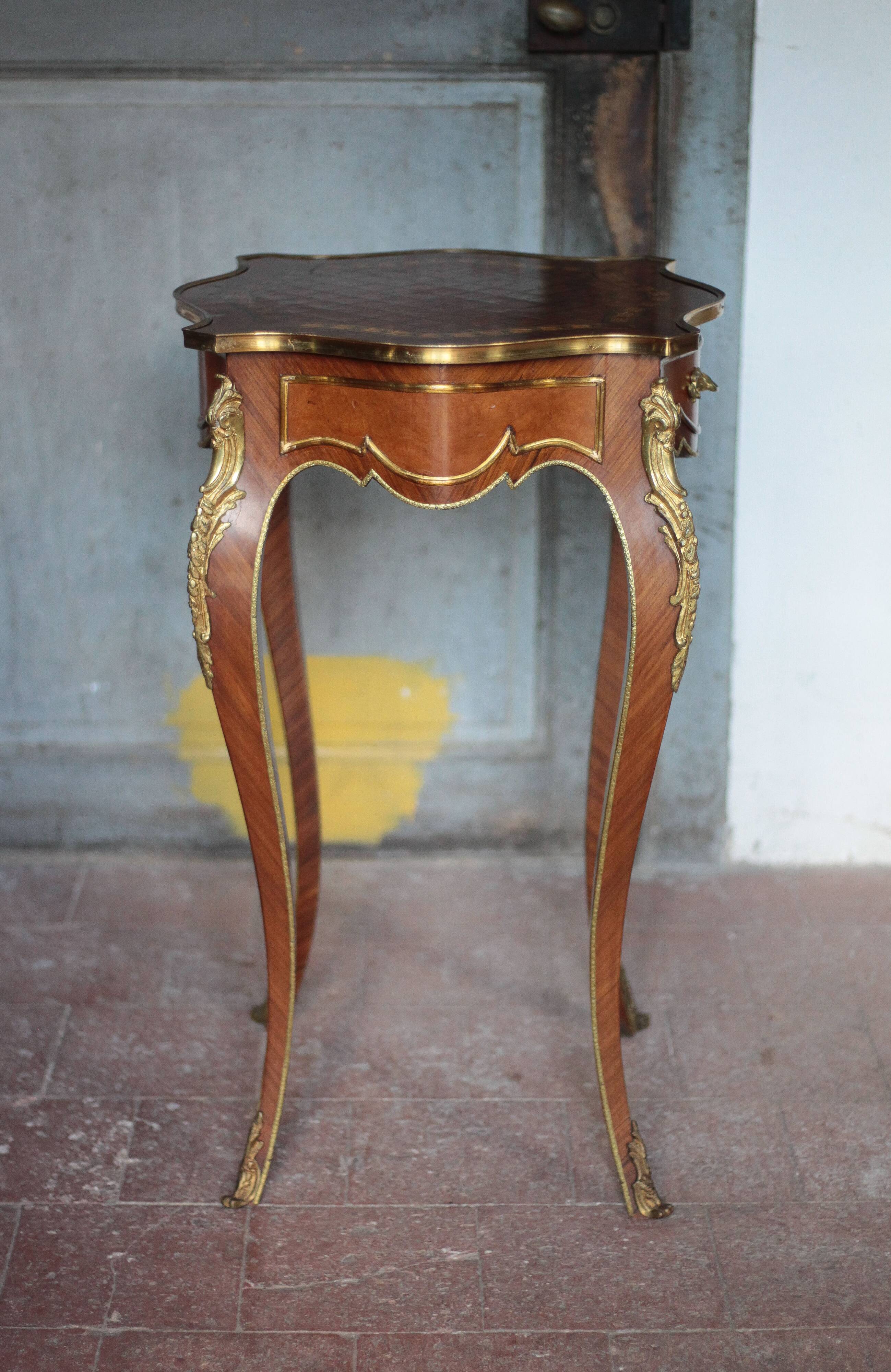 Wooden bedside table with marquetry and bronze, side table with curved legs
