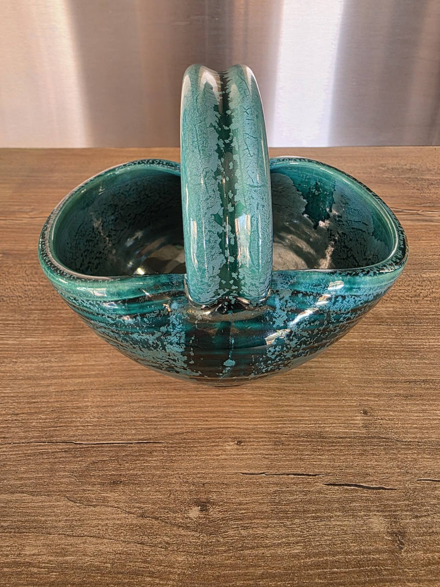 Vintage ceramic basket Accolay turquoise Signed Bull's Head X.C