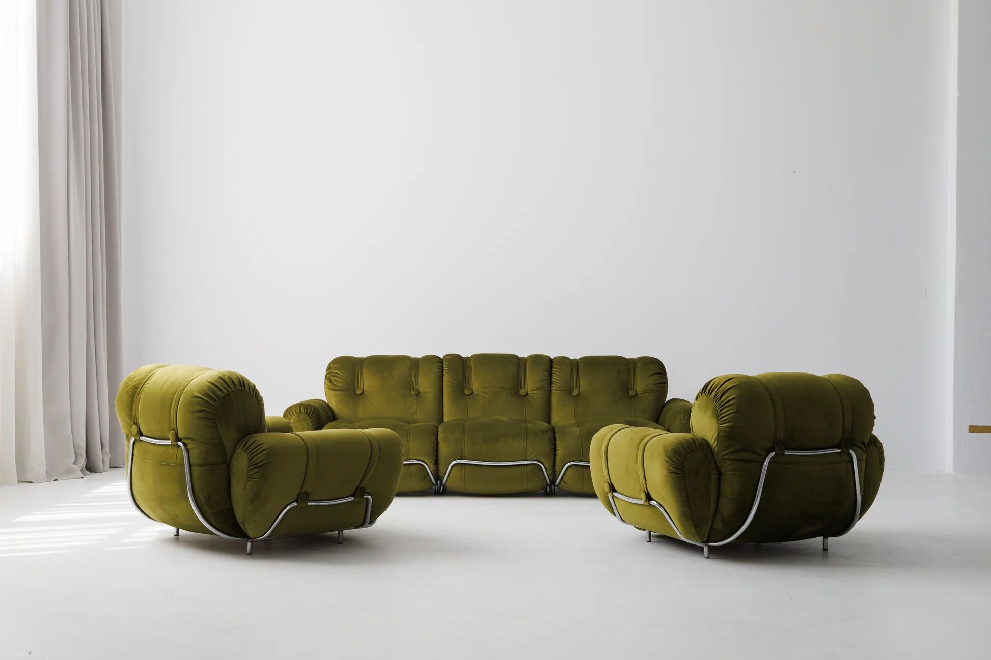 Three seater sofa and armchairs dining set by Adriano Piazzesi, reupholstered olive velvet
